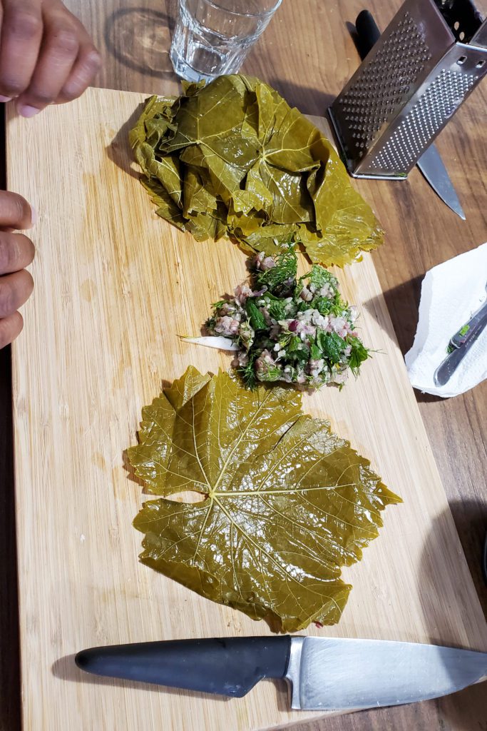 This is an image of the dolmades ready to be wrapped. Enjoying great food while traveling in Greece. 