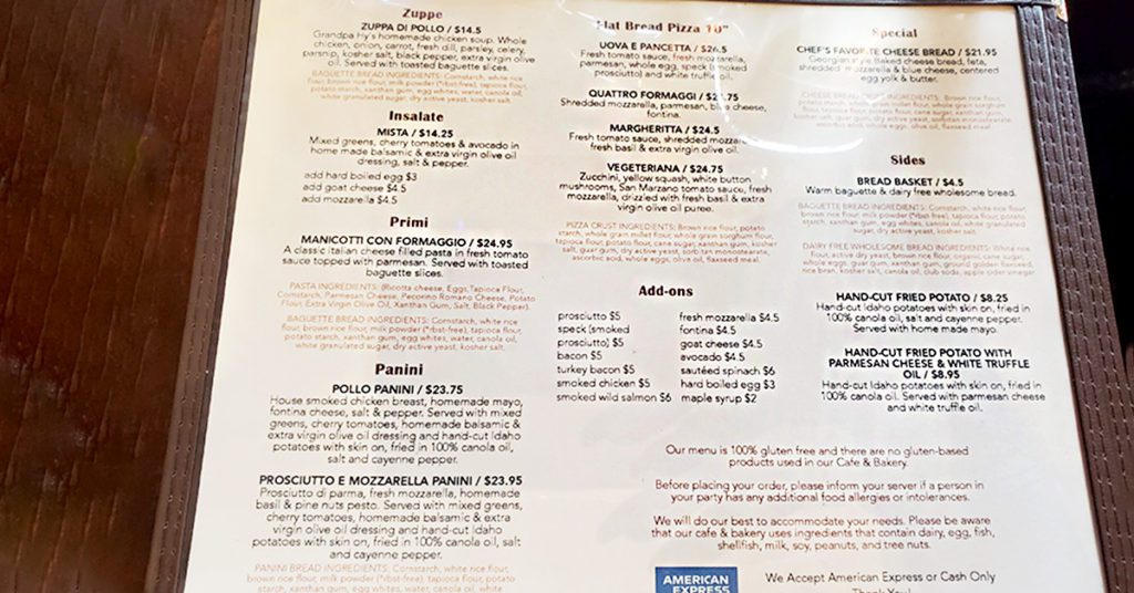 This is an image of the back of the menu at Senza Gluten Cafe & Bakery