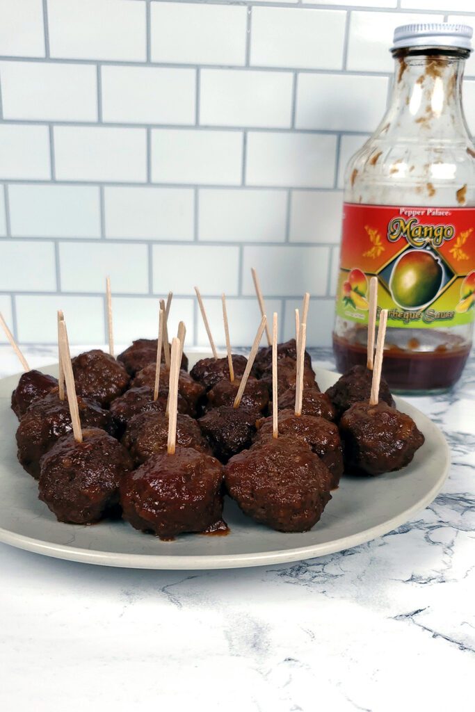 This is an image of the mango BBQ meatballs with mango BBQ sauce from Pepper Palace. A simple gluten-free appetizer from Sundays at T's.