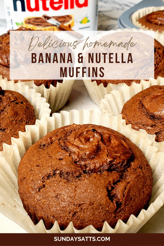 This is a Pinterest image of the chocolate banana and Nutella muffins from Sundays at T's. The image shows the inside of the muffins with the Nutella oozing out.