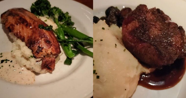 This is an image of Coastal Flat's Wood Grilled Filet Mignon, served with roasted cremini mushrooms, mashed potatoes, and a field green salad. Additionally, this image contains the Short Smoked Salmon Filet served with broccolini, mashed potatoes and a delicious garlic sauce.