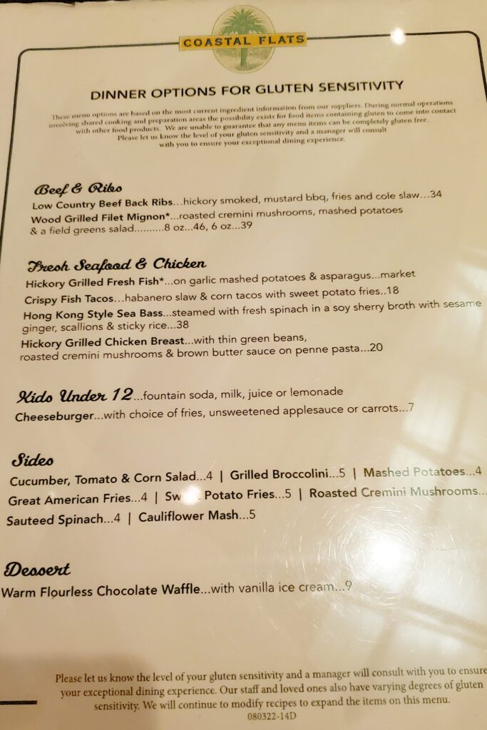 This is an image of the gluten-sensitive menu at Coastal Flats in Fairfax, VA. This side of the menu contain the main dishes, kids' menu, sides, and one dessert.