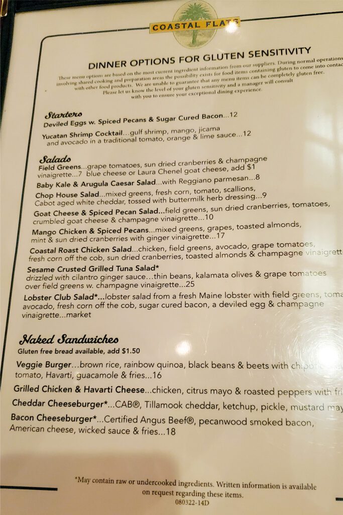 This is an image of the gluten-sensitive menu at Coastal Flats in Fairfax, VA. This side of the menu contain appetizers, salads, and sandwiches served on gluten-free bed.