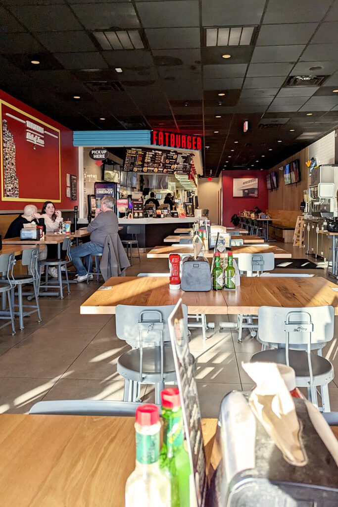 This is an image of the dining room at Fatburger and Buffalo's Express in Manassas, Virginia.