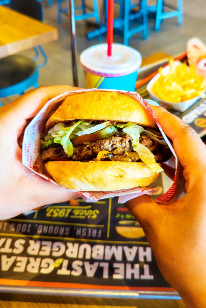 This is an image of the original burger on a gluten-free bun from Fatburger and Buffalo's Express in Manassas, Virginia.