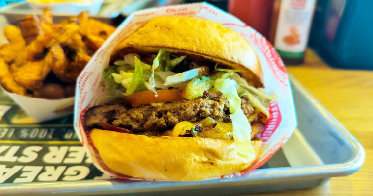 This is an image of the original burger on a gluten-free bun from Fatburger and Buffalo's Express in Manassas, Virginia.