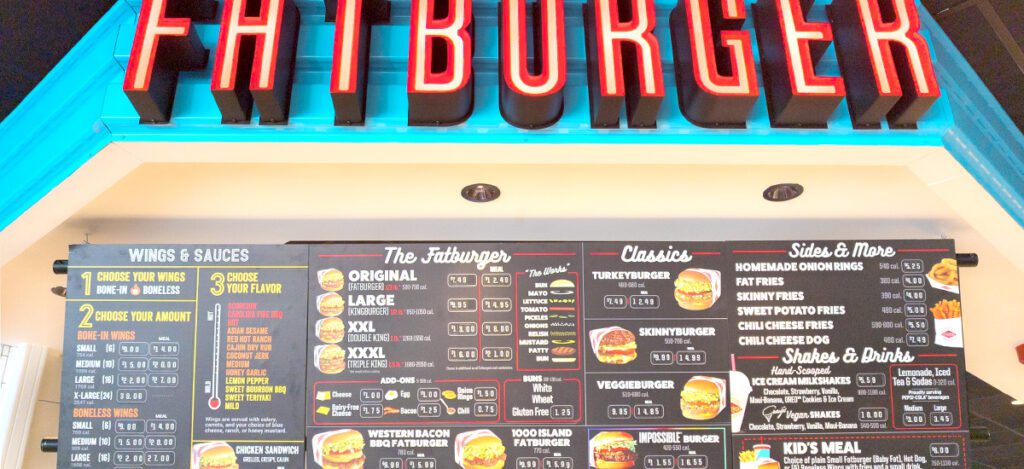 This is an image of the menu at Fatburger and Buffalo's Express in Manassas, Virginia.