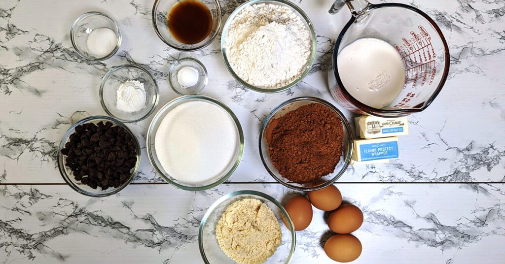 This is an image of the ingredients for the gluten-free chocolate cake that is being used for the gluten-free 5-layer chocolate ice cream cake.