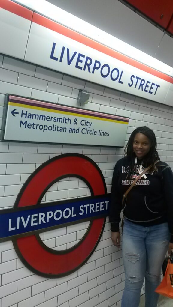 This is an image of T at the Liverpool Street train station in London. This photo was taken in September 2015 during T's first trip to London. T will be returning to London this fall to study at the University of Oxford.