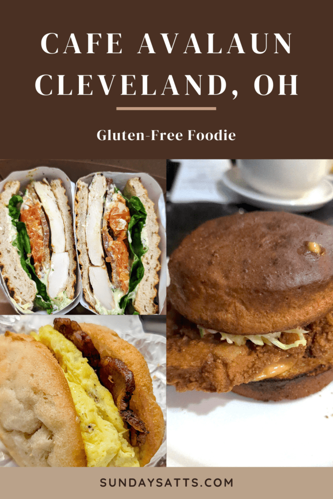 This is a Pinterest image showcasing some of the gluten-free items at Cafe Avalaun, a dedicated gluten-free restaurant in Cleveland, OH.