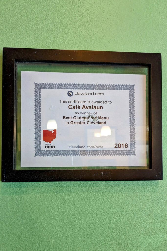 This is an image of Café Avalaun's award for best gluten-free menu in Greater Cleveland.