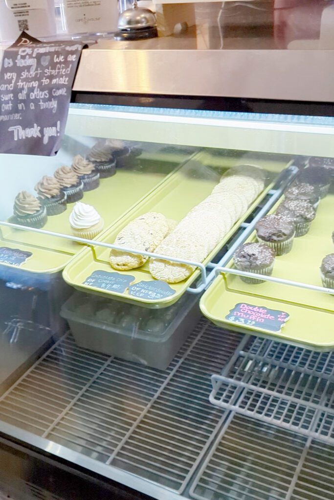 This is an image of Café Avalaun's gluten-free bakery display case filled with amazing gluten-free and vegan goodies.