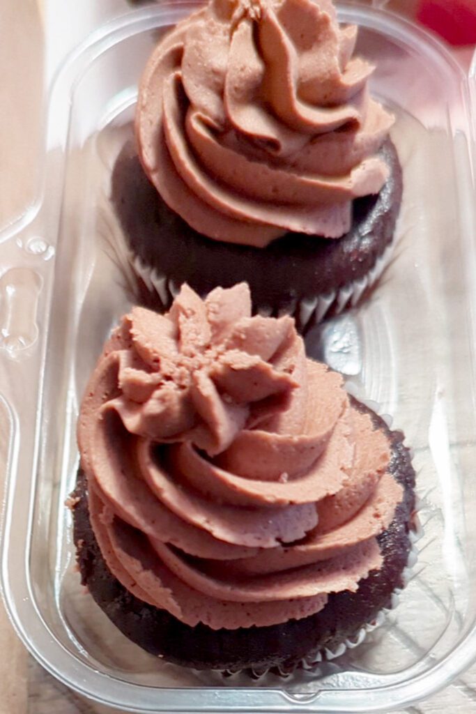 This is an image of Café Avalaun's gluten-free chocolate cupcake with chocolate icing.