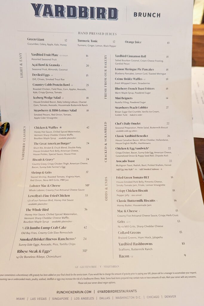This is an image of Yardbird Table & Bar's menu from Sundays at T's.