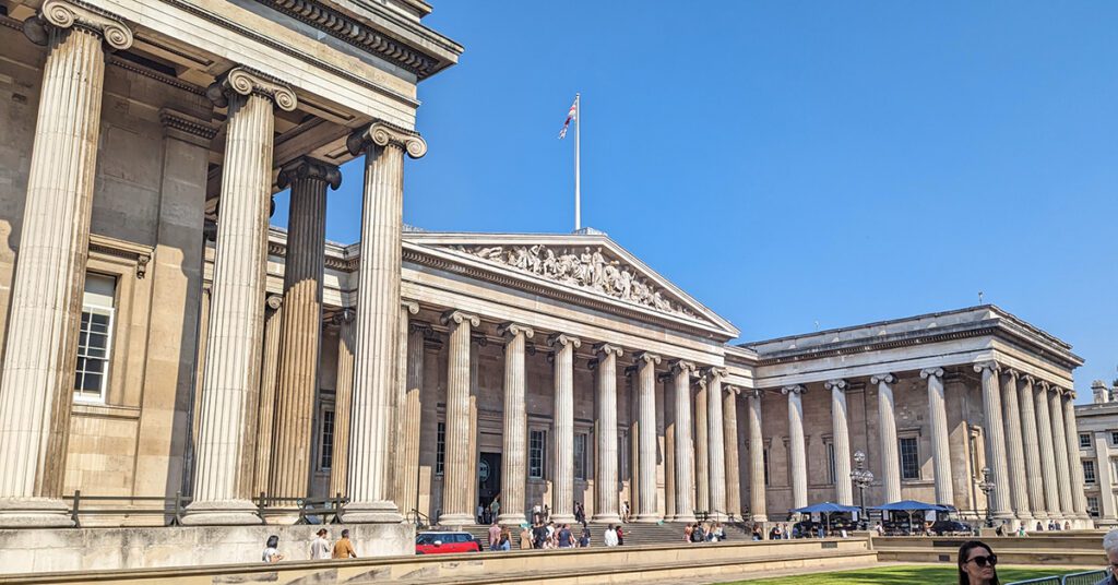 This is an image of the outside of the British Museum in London, England.