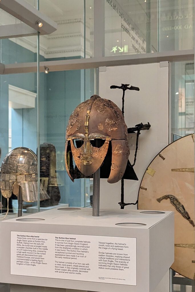 This is an image of the helmet found at the Sutton Hoo ship burial. The helmet is currently located at the British Museum in London, England.