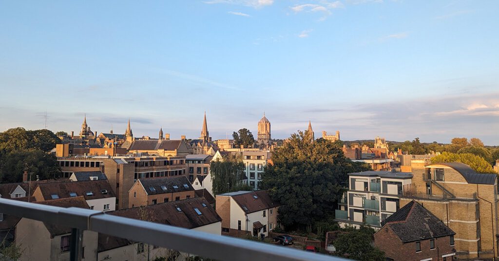 This is an image of the Oxford skyline from the Westgate mall.