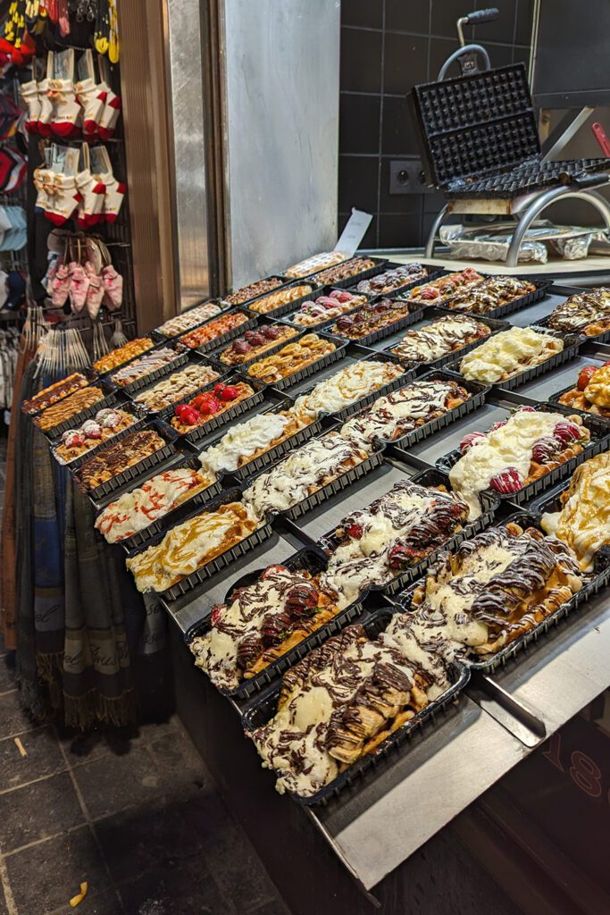 This is an image of a waffle stand at a shop in Brussels, Belgium.