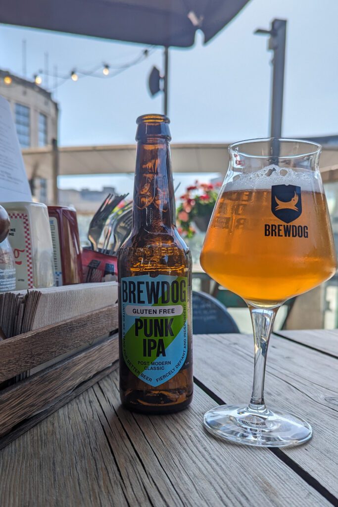This is an image of BrewDog's gluten-free Punk IPA. This made my gluten-free Belgian food list that you should try ASAP!