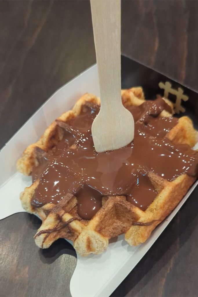 This is an image of the vegan gluten-free Belgian waffle from Veganwaf Brussels, Belgium. Enjoy amazing gluten-free Belgian foods while you're traveling to Brussels!