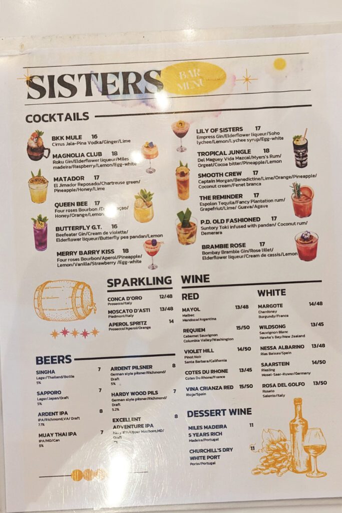 This is an image of the craft cocktail menu from Sisters Thai Alexandria. Find drinks on this menu such as the Matador, Lily of Sisters, and the Reminder.