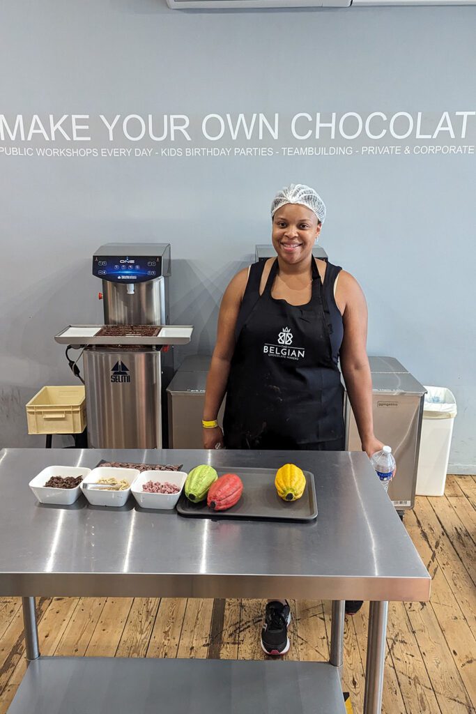 This is an image of T at the chocolate making workshop in Brussels, Belgium.