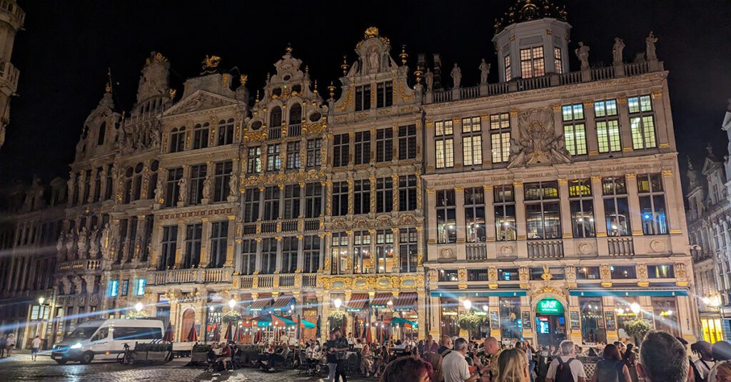 This is a nighttime image of Grand Place/Grote Market in Brussels, Belgium.