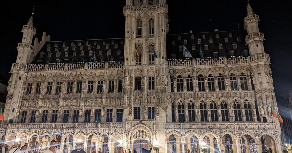 This is a nighttime image of Grand Place/Grote Market in Brussels, Belgium.