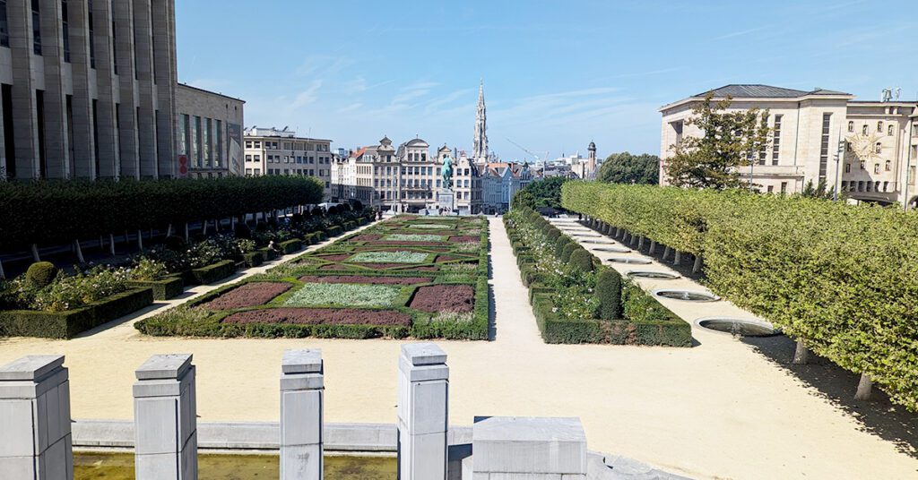 This is an image of Mont des Arts in Brussels, Belgium. A cultural center with beautiful gardens, Mont des Arts is a must-visit on your Brussels itinerary.