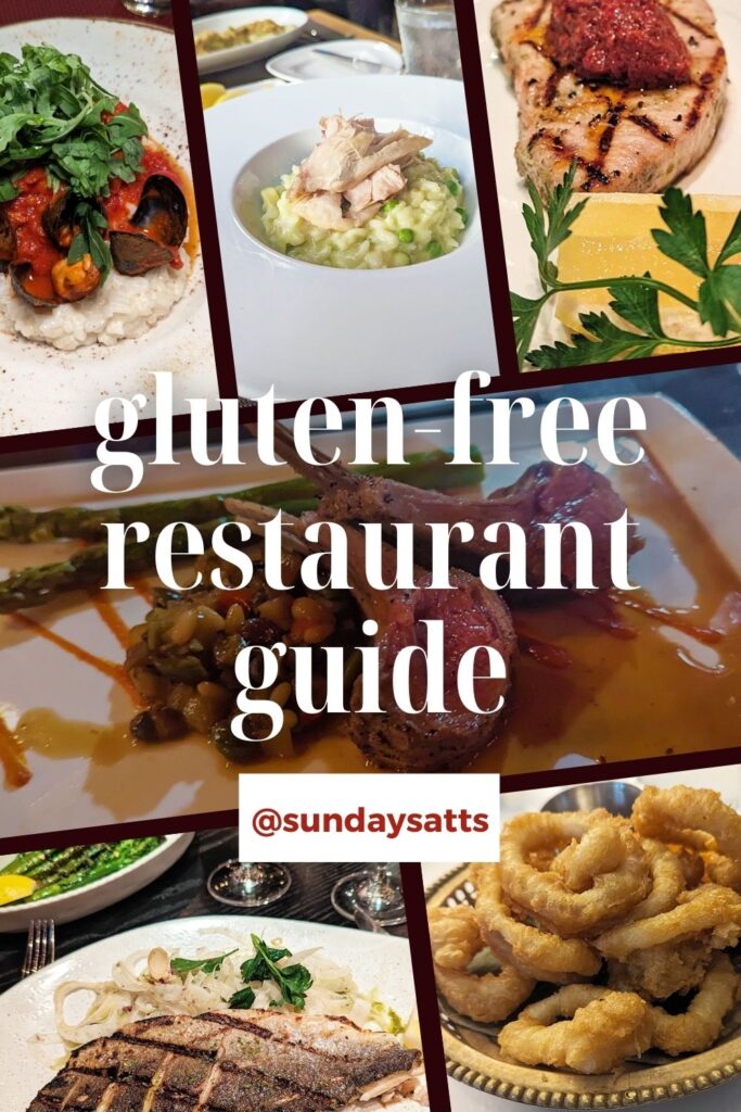 This is a Pinterest image for the gluten-free restaurant guide by Sundays at T's. Have a safe dining experience at a gluten-free restaurant near you by knowing where to go and asking the right questions.